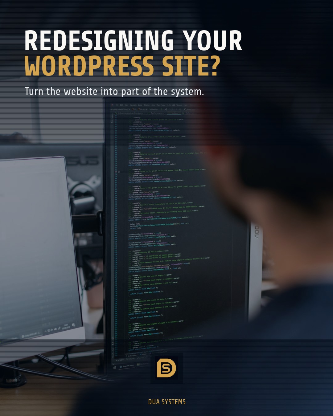 Professional web designer reviewing site architecture and wireframes on dual monitors in a modern office.