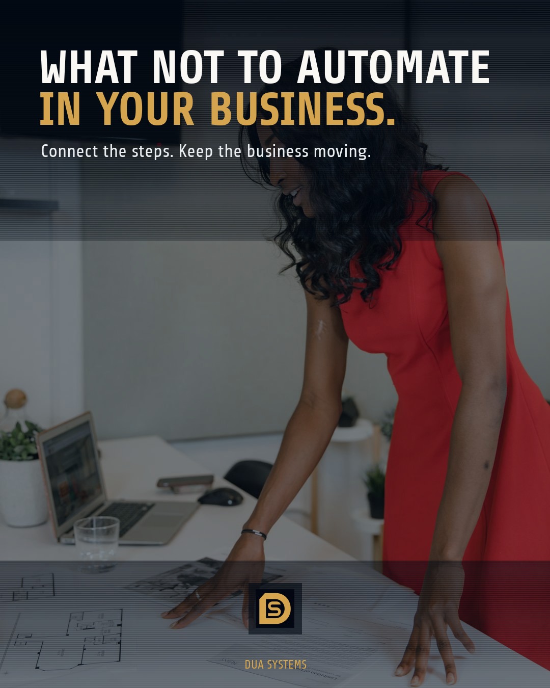 Business owner reviewing workflow diagrams and process notes on a digital tablet at a modern wooden desk.
