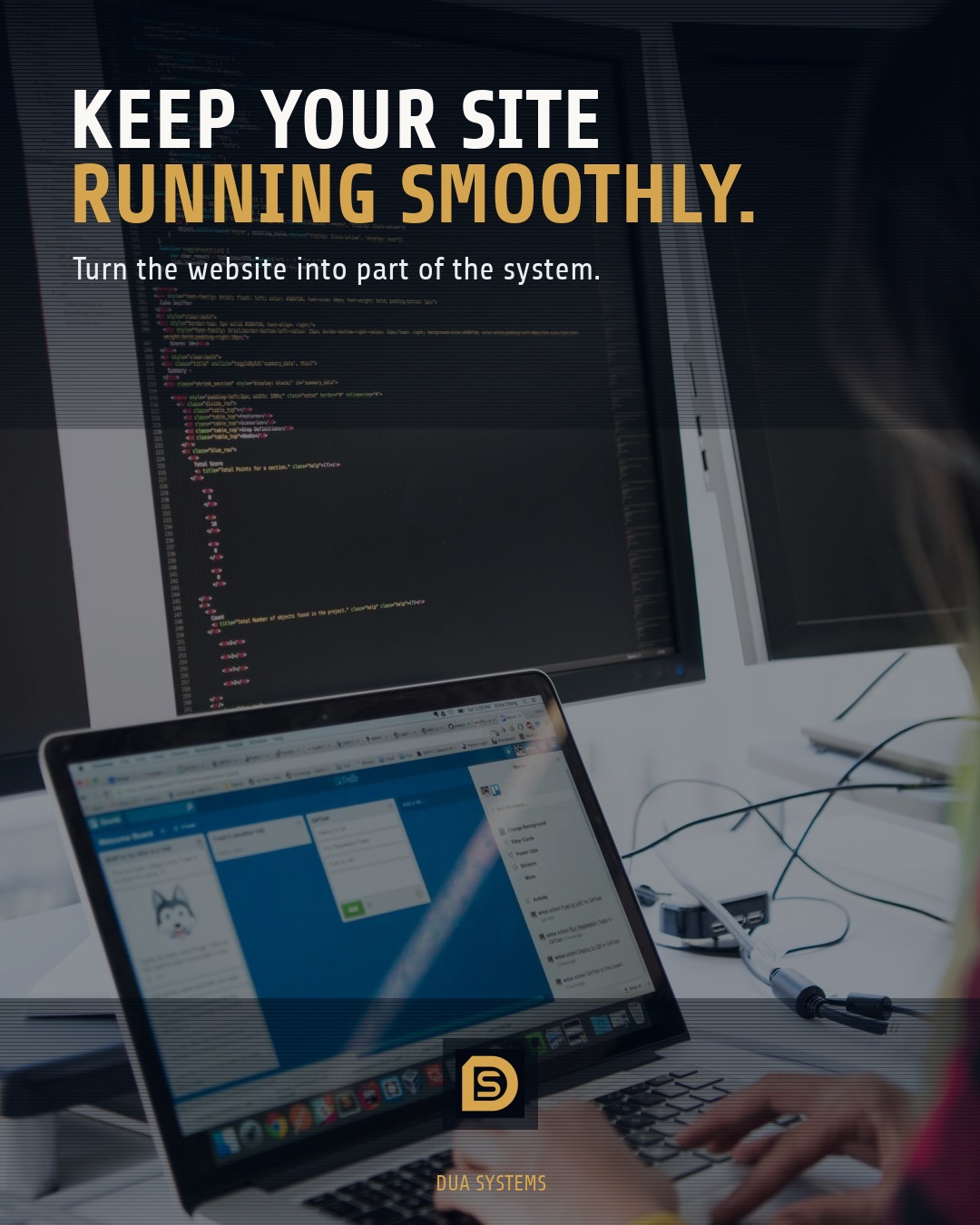 Professional developer reviewing website performance metrics on dual computer screens in a clean modern office.